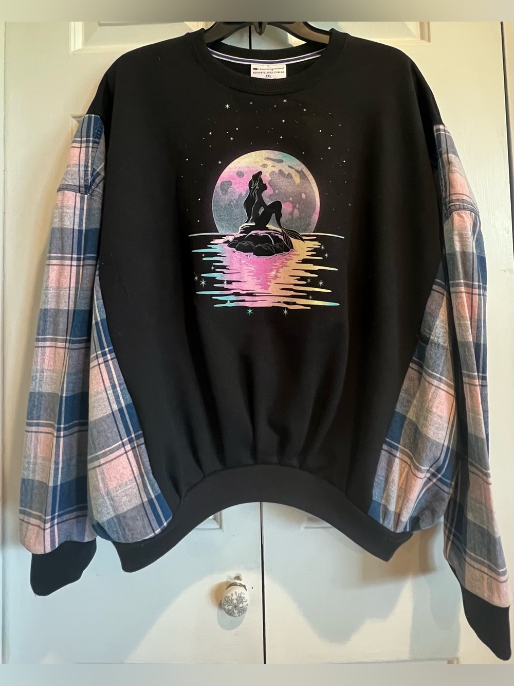 One of a Kind ⭐️Little Mermaid, Black Sweatshirt w Plaid Sleeves, Handmade